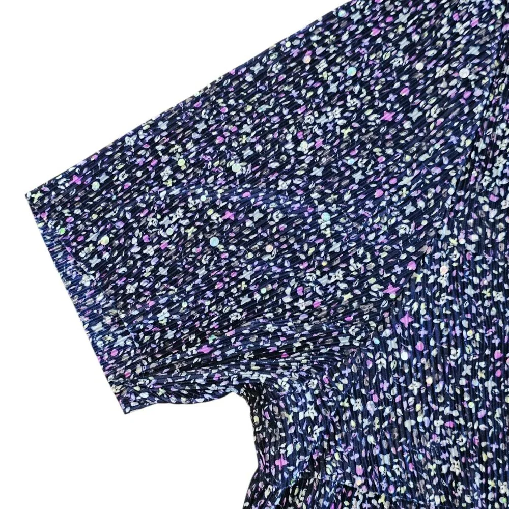 CJ Banks Blue Purple Blouse Layered Sequins Crinkle Micro Floral Sz 2X‎ Sparkle